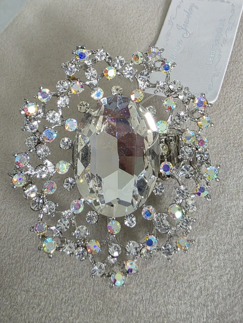 Silver Statement Stretch Ring | Oversized Crystal & AB Rhinestone Oval Cluster